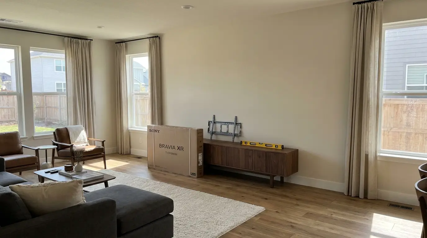 Family room before TV mounting: TV in the box, bracket and level on the console