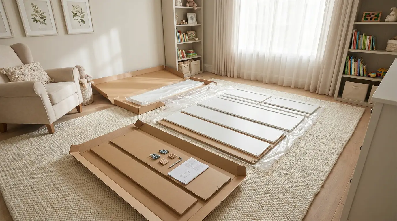 Kids bedroom before assembly: flat-pack panels, boxes and hardware on the floor