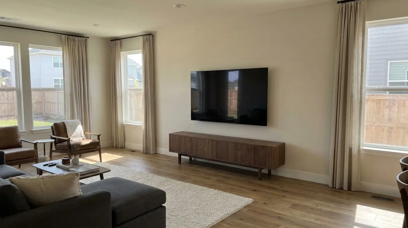 Same family room after: TV mounted level on the wall, cables hidden