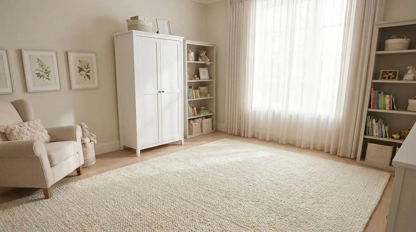 Same bedroom after: white wardrobe fully assembled, floor clean