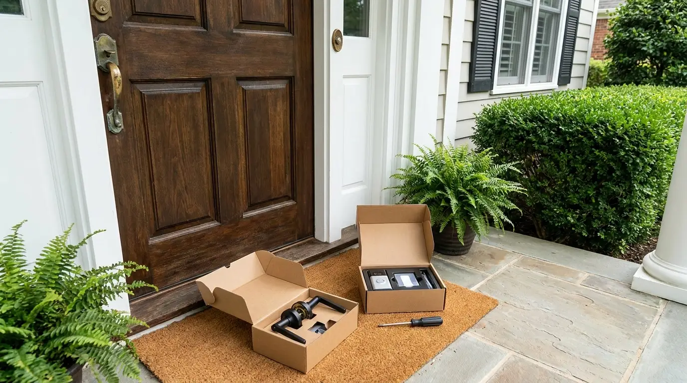 Front entry before: worn brass door handle and old doorbell button, new handle and video doorbell in boxes