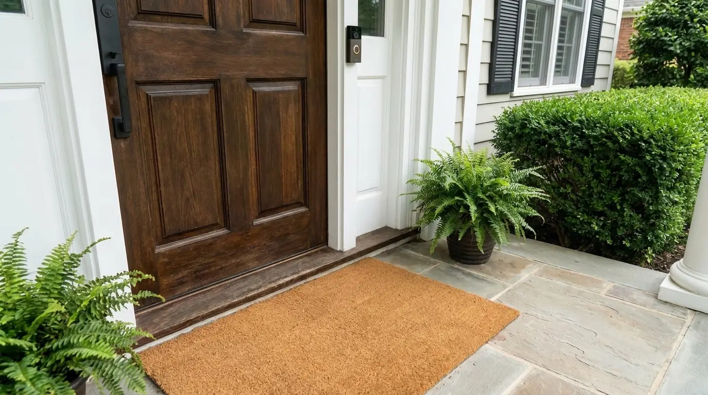 Same entry after: new matte black handle installed and video doorbell mounted by the door