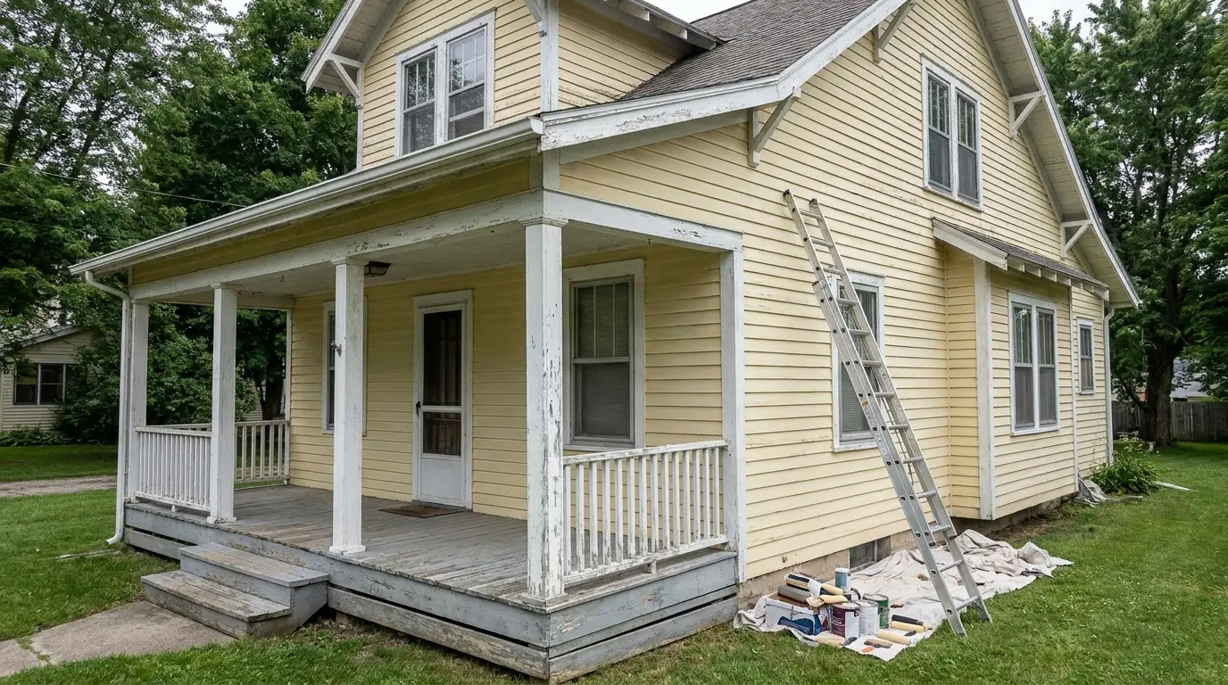 Older home before: evenly faded siding, worn porch deck and steps
