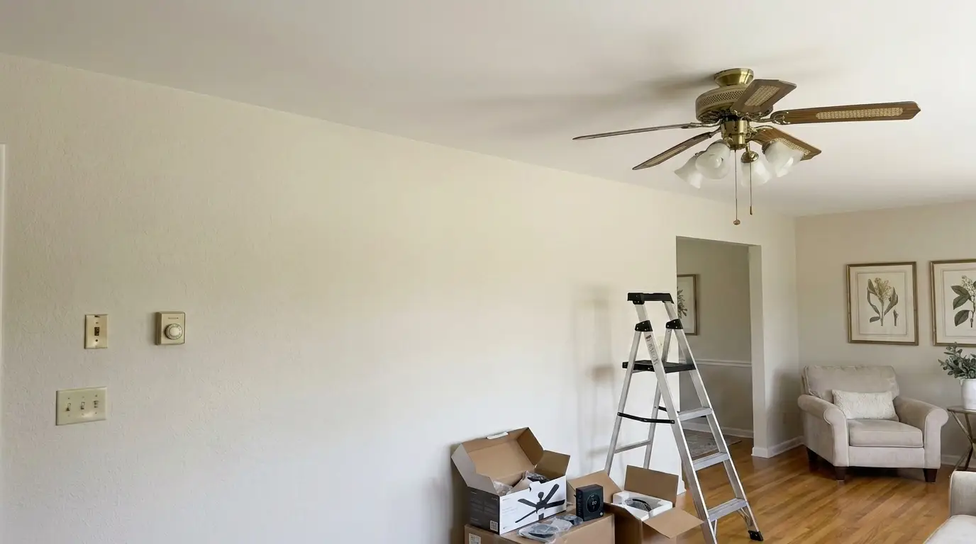 Living room before: dated brass ceiling fan, old outlet, switch and thermostat on the wall, new fan and smart thermostat in boxes