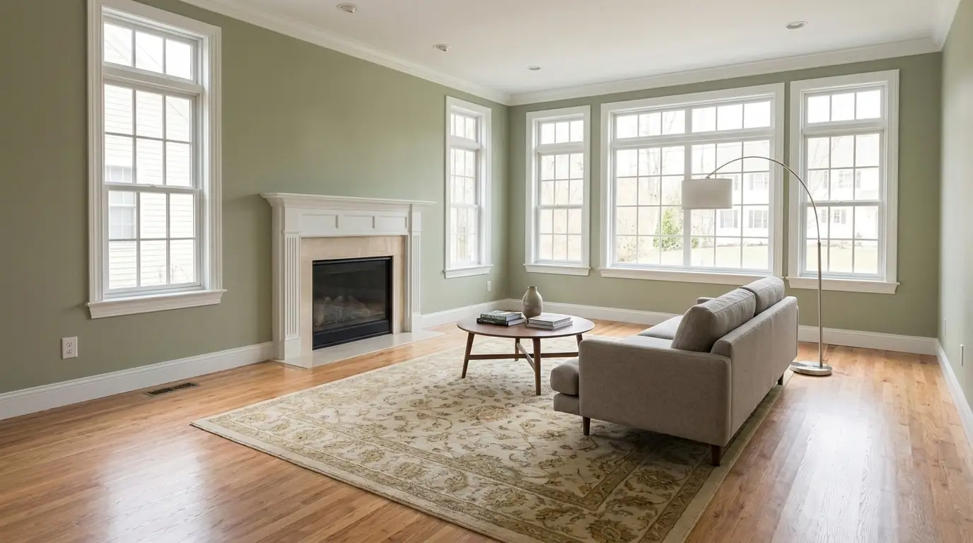 Same living room after: sage green wall, clean floor with a rug, modern furniture styled