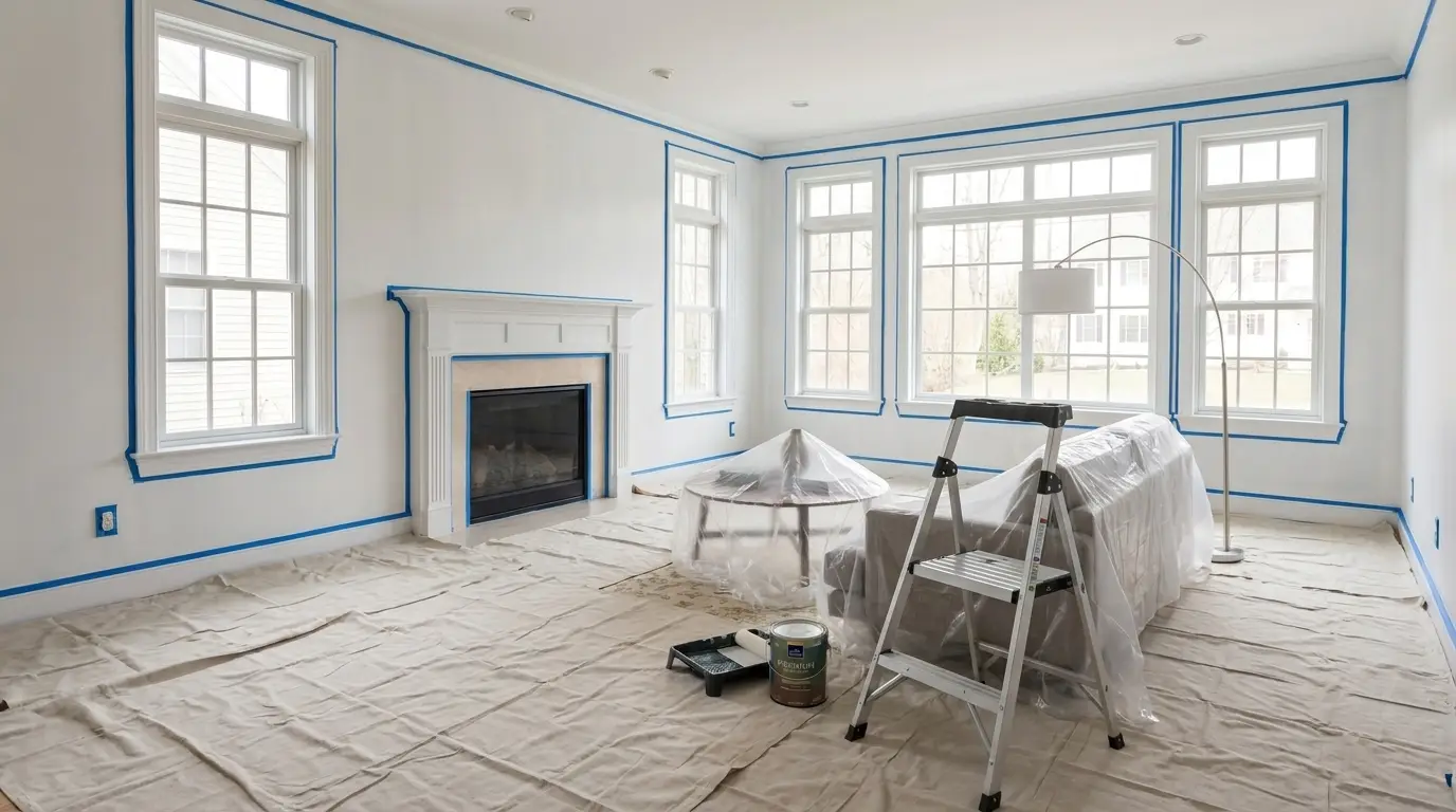 Living room before painting: floor fully covered with drop cloths, baseboards, window, fireplace, corners and outlet taped