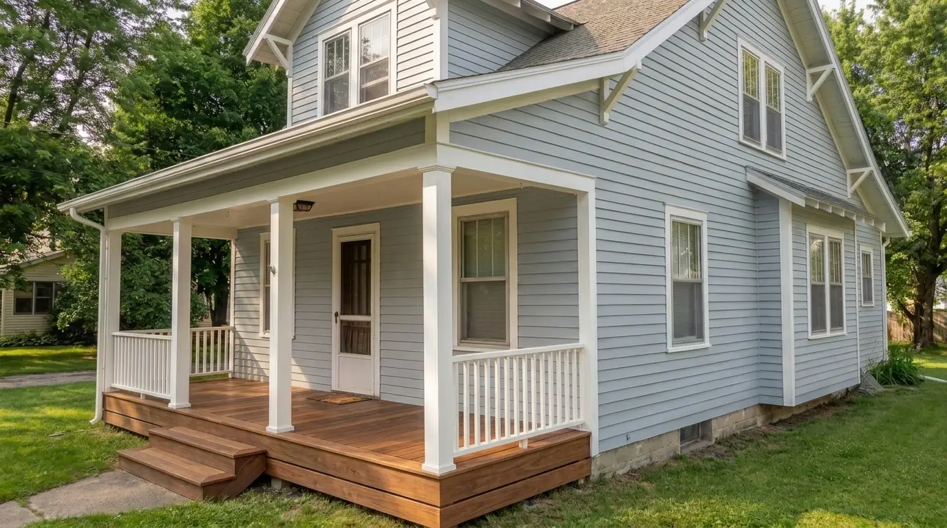 Same home after: blue-gray siding, white trim, porch deck refinished, finished new steps with trim