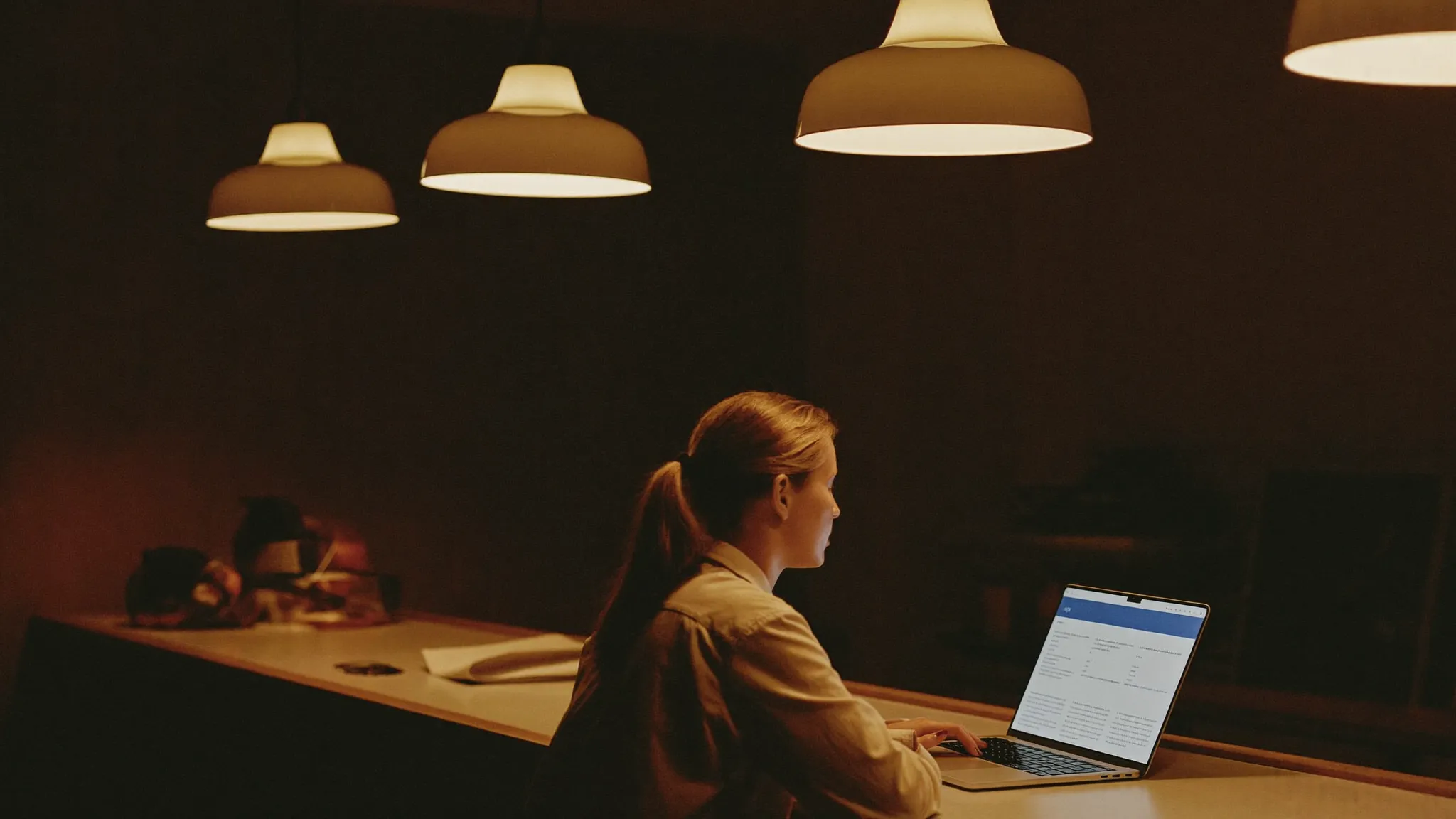 Shop owner working on a laptop at the counter after closing, lit by a warm pendant lamp