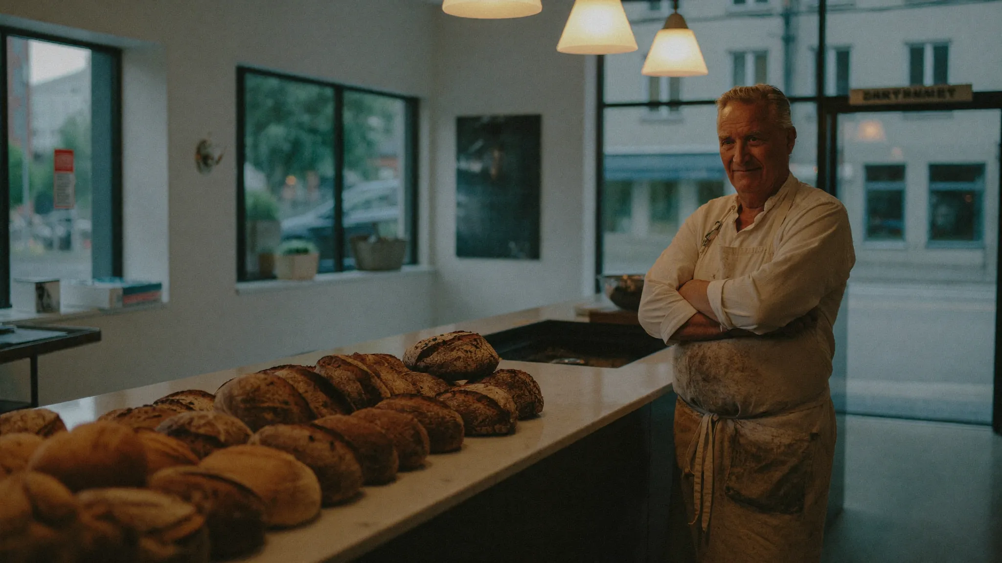 Baker standing behind a marble counter of fresh bread just after dawn