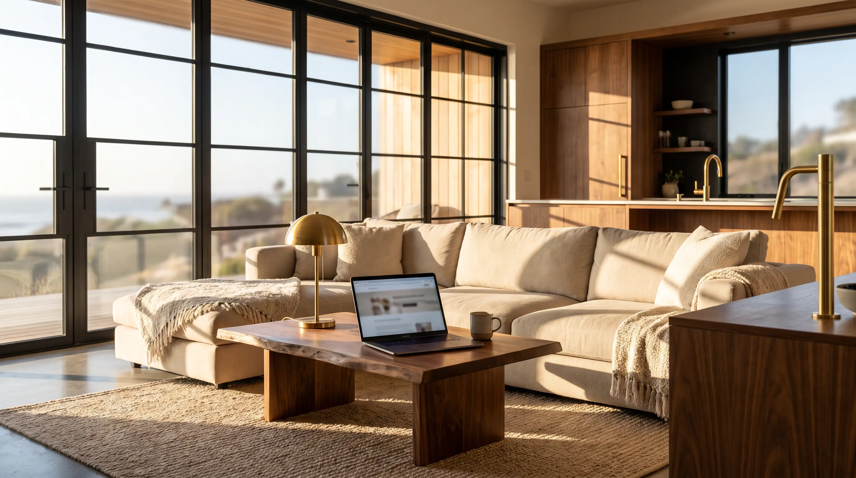 Laptop on a coffee table in a bright vacation rental living room