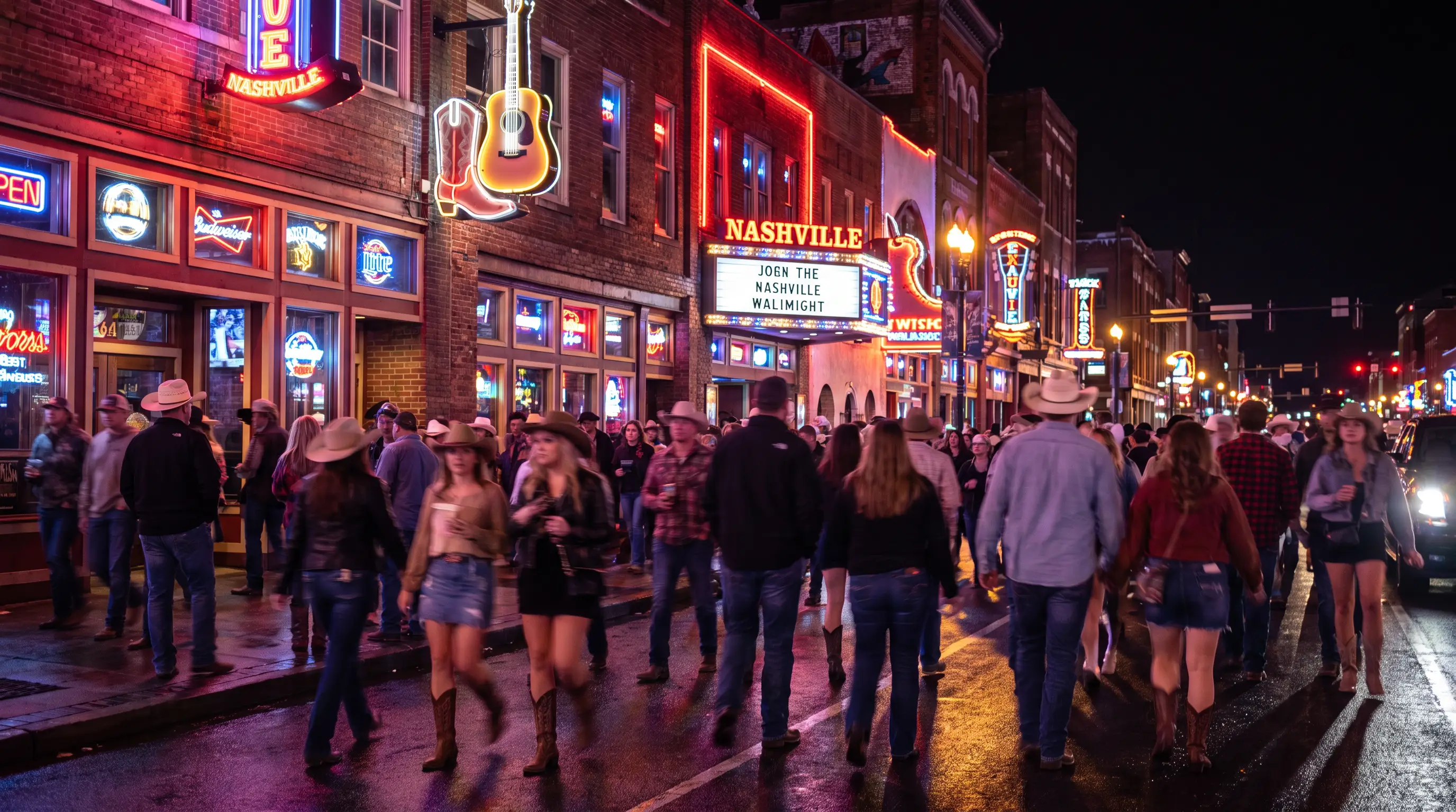 Neon-lit honky-tonk street in Nashville at night