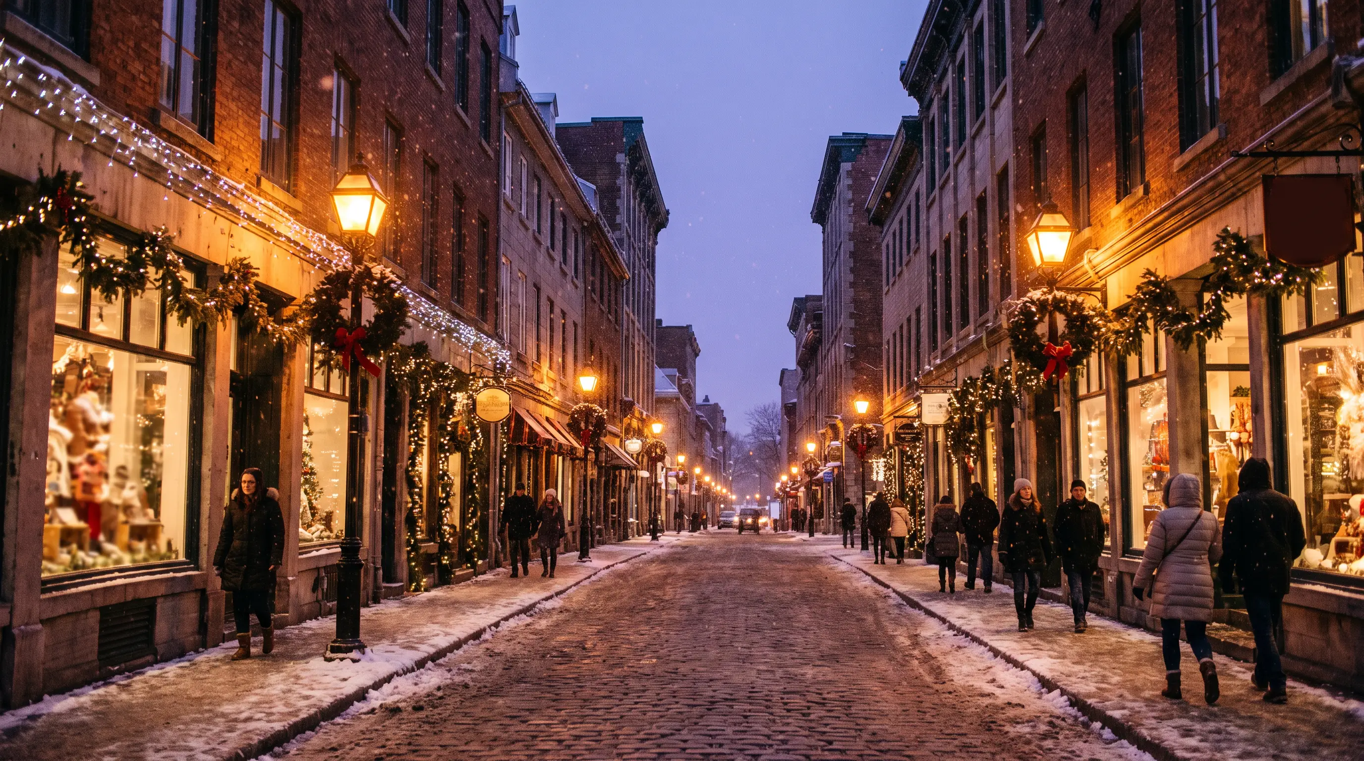 Holiday-lit city street with light snow