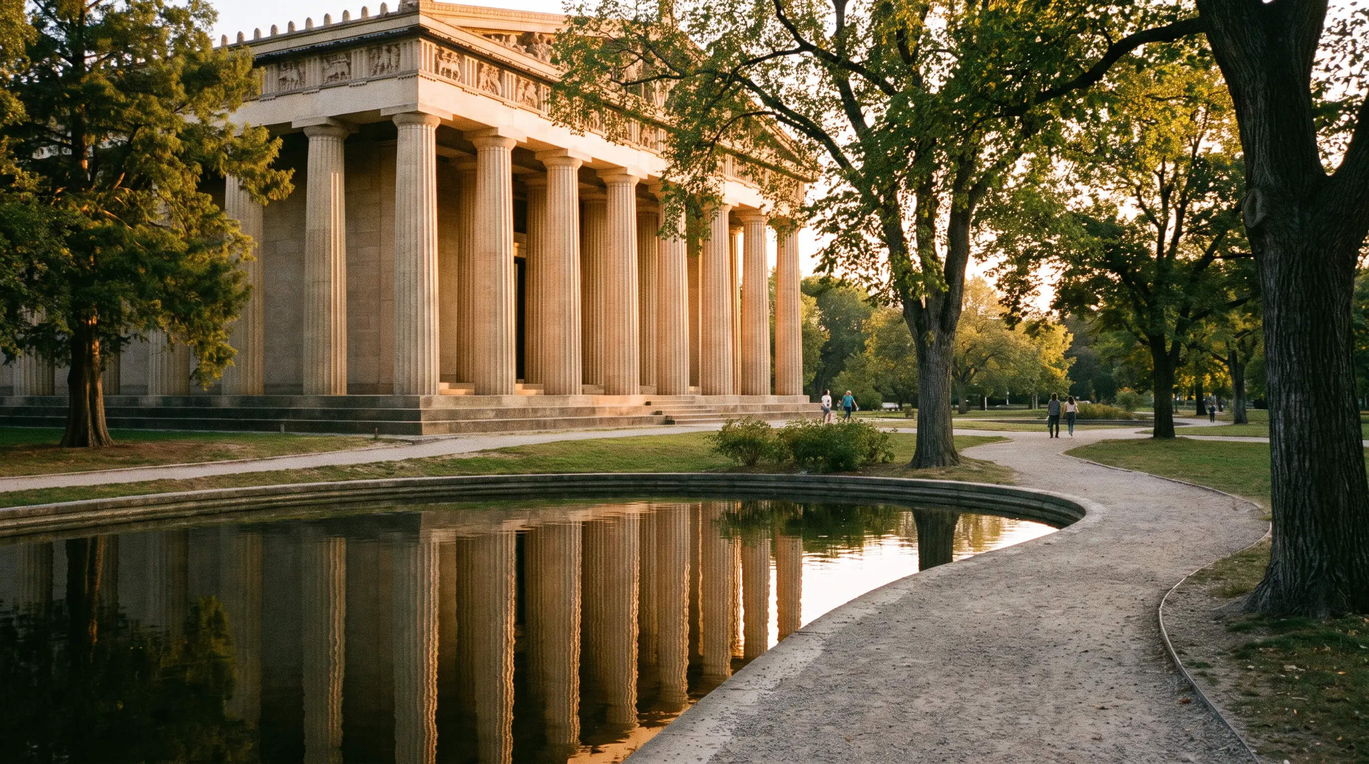 Classical columned building in a park at golden hour