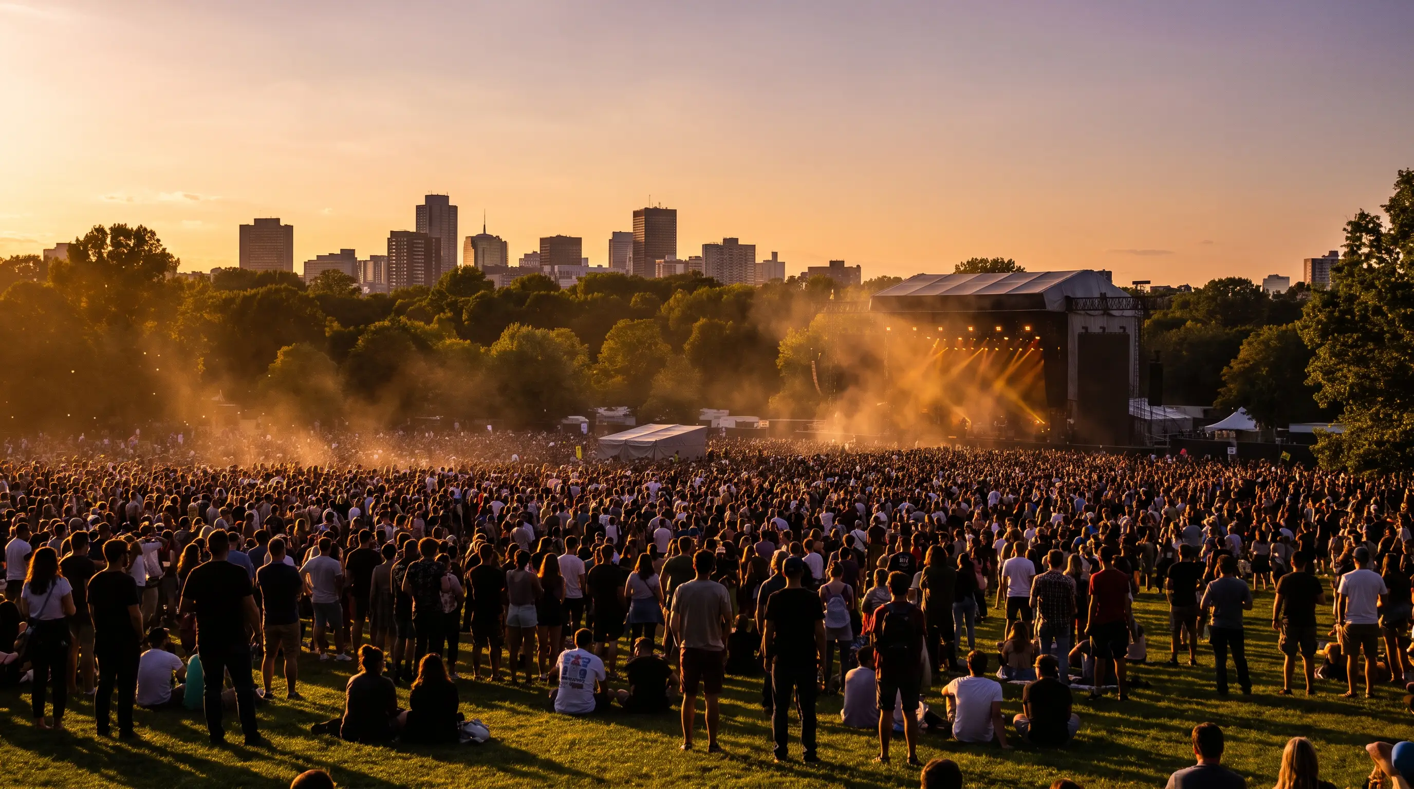 Festival crowd in a park at sunset with skyline