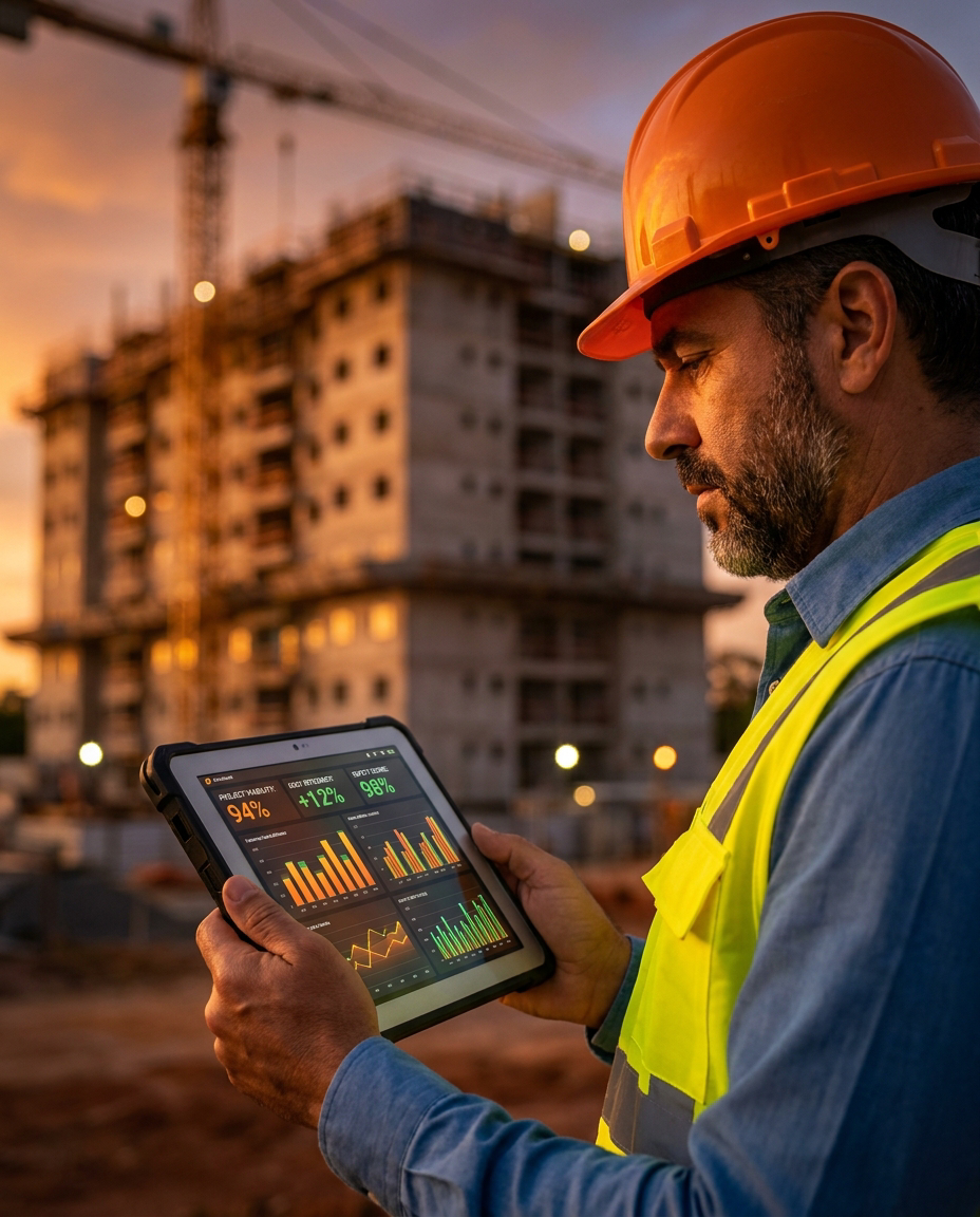 Profissional de obra com EPI acompanhando o dashboard da incorporação no tablet