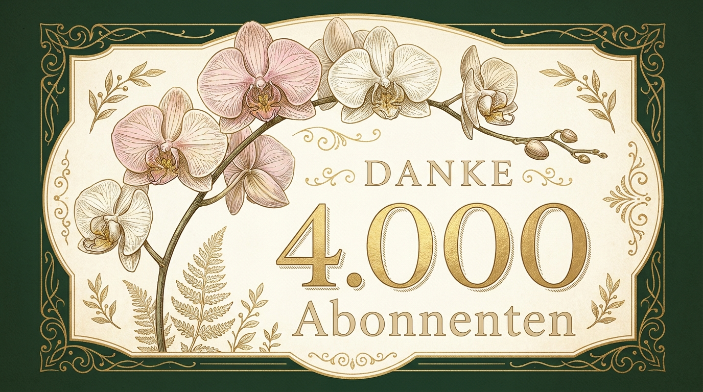 Botanische Illustration mit Phalaenopsis-Orchidee und der Aufschrift Danke 4.000 Abonnenten