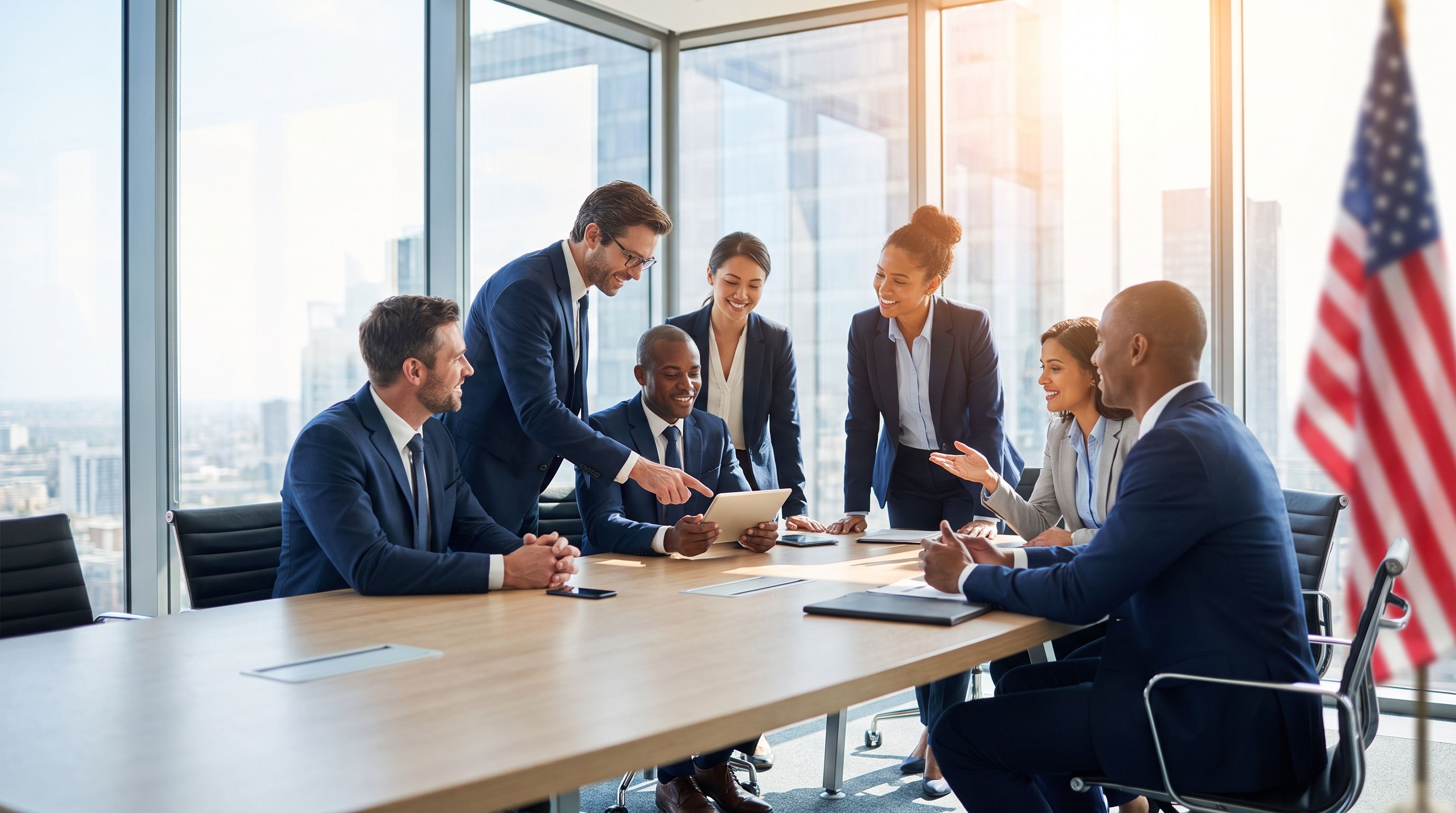 Professionals collaborating in a bright modern federal office