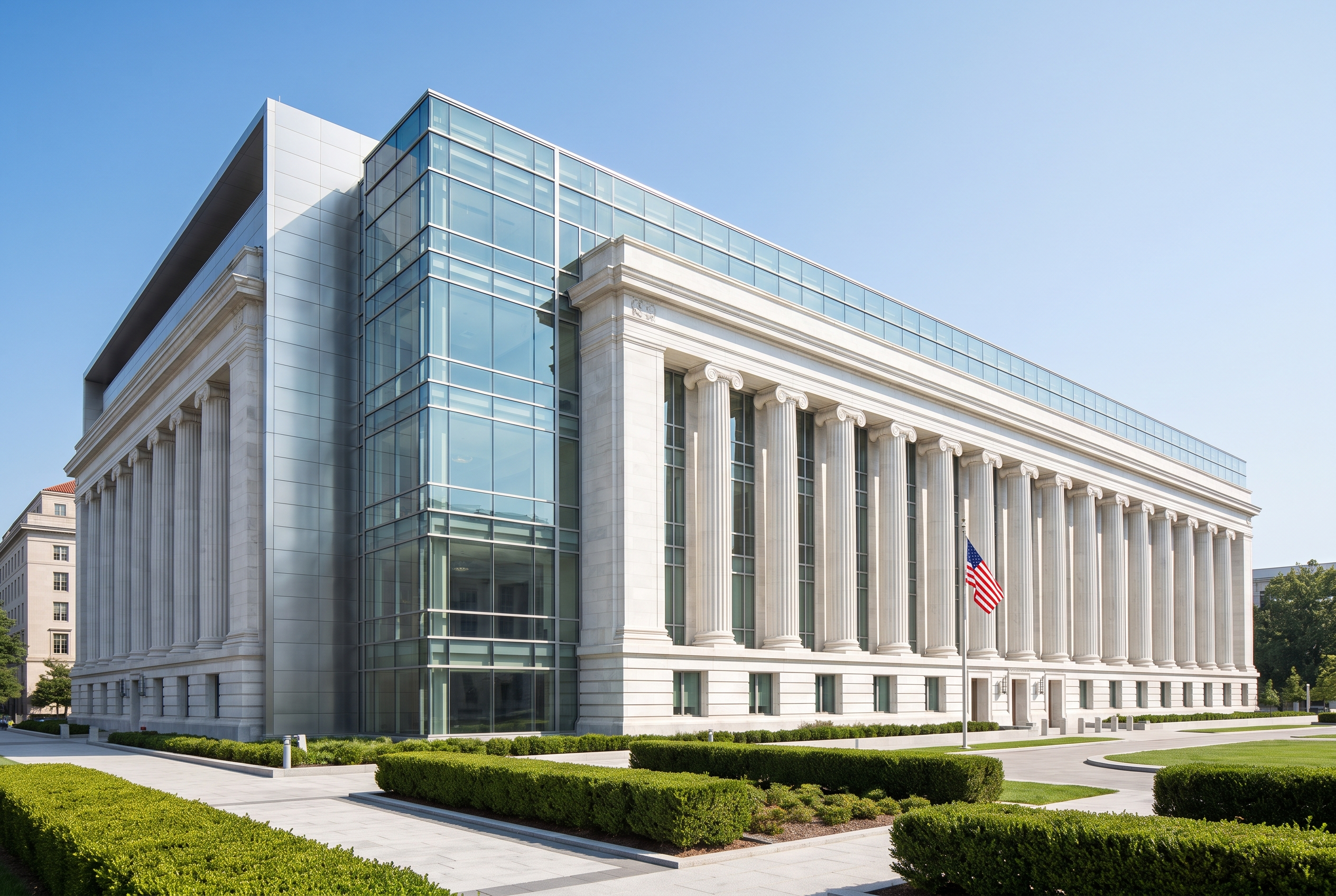 Federal government building against a clear blue sky