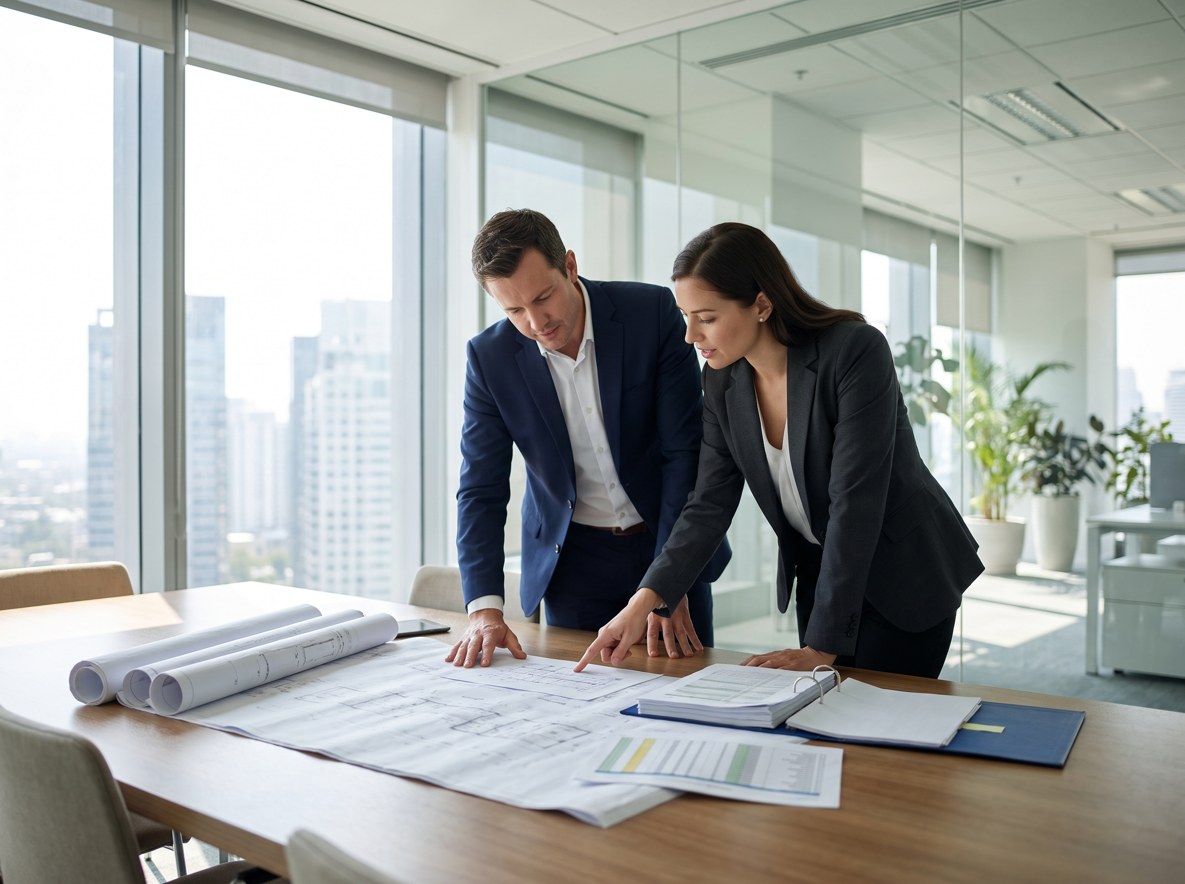 Two professionals reviewing project plans