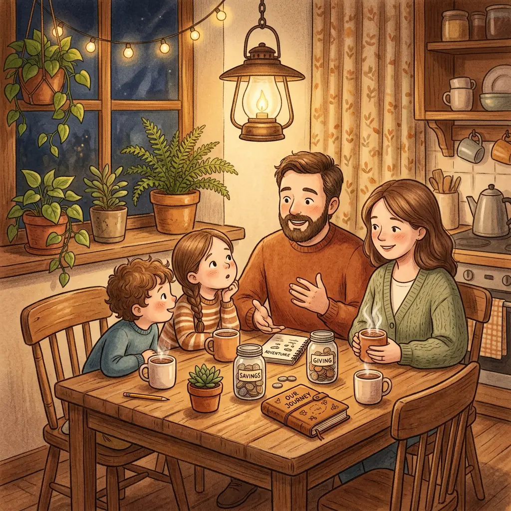A family gathered around a warm kitchen table at night, counting coins into glass jars under lamplight