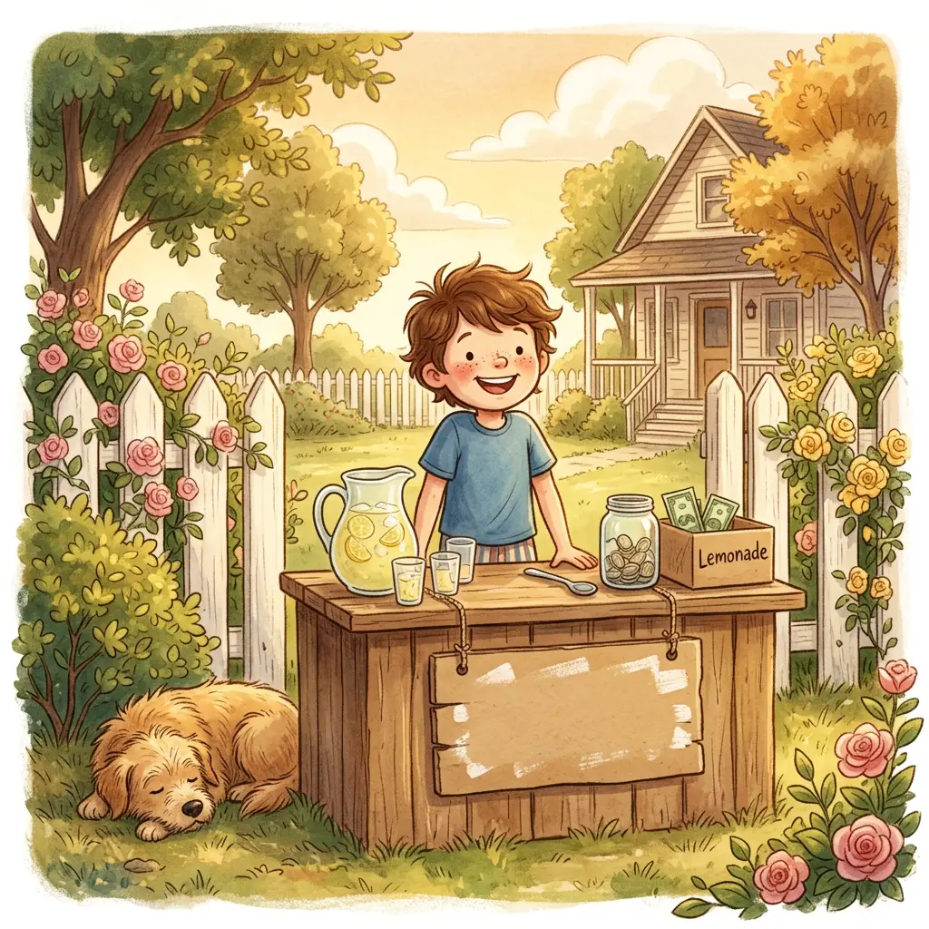 A kid running a lemonade stand by a picket fence in golden afternoon light, dog nearby