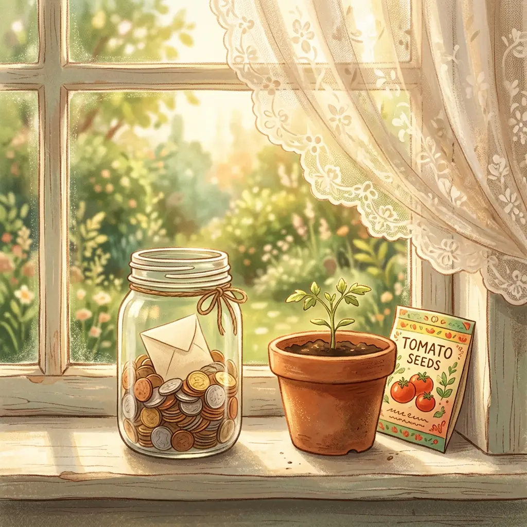 A mason jar full of coins next to a seed packet on a sunny windowsill