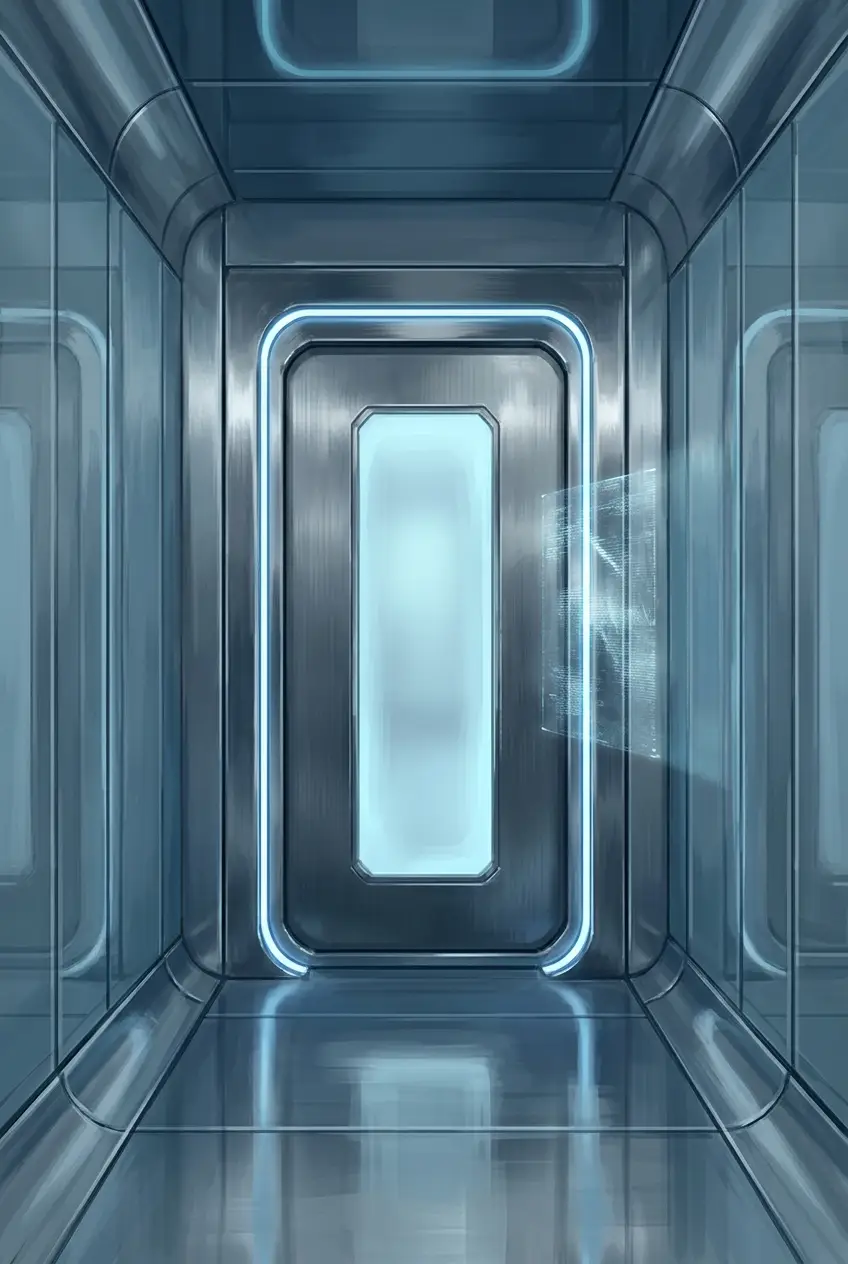 A sterile chrome doorway glowing with a cold blue LED ring in a reflective corridor