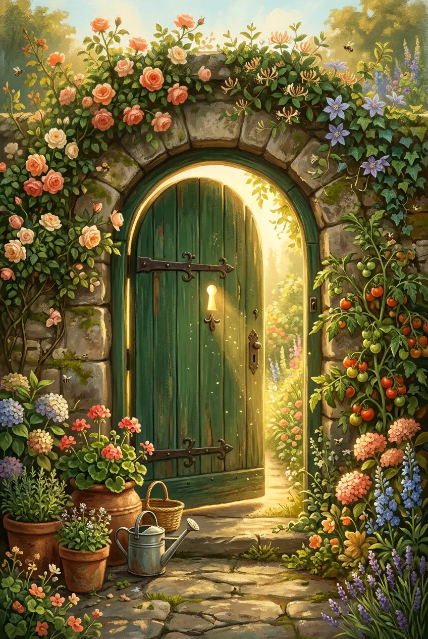 A green wooden garden gate in a stone arch, golden light pouring through, roses and tomato vines all around
