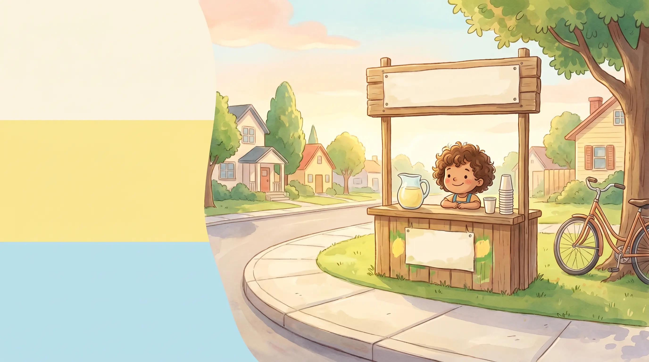 Milo, a small kid with big curly hair, waiting patiently at a wooden lemonade stand