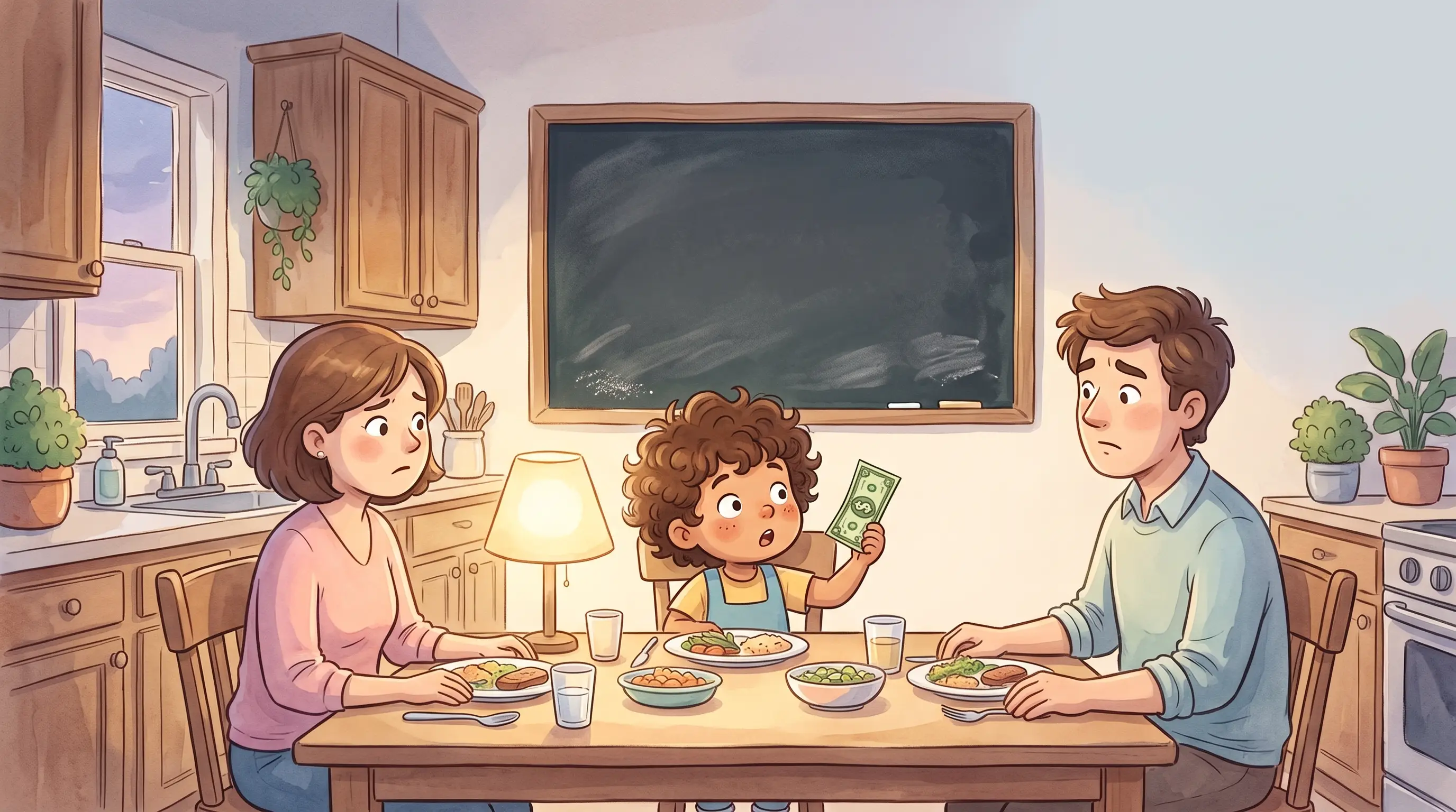 At the dinner table, Milo holds up a dollar bill while Mom and Dad exchange puzzled looks under a blank kitchen chalkboard
