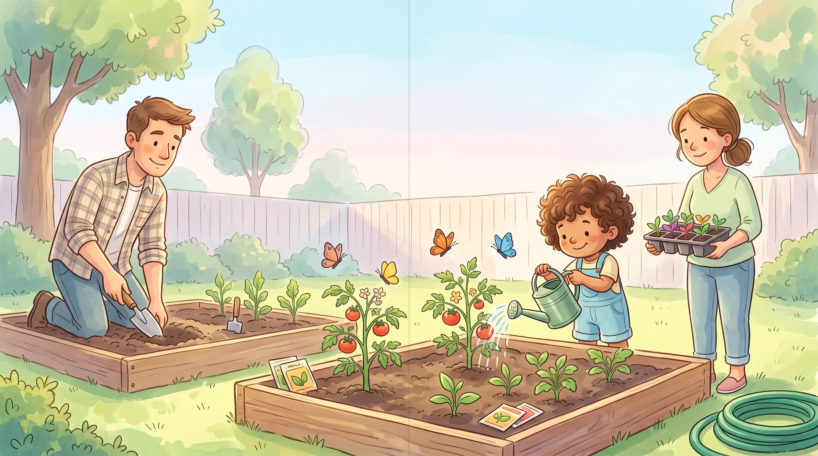 The family builds raised garden beds in morning light; Milo waters a tomato seedling while butterflies drift past