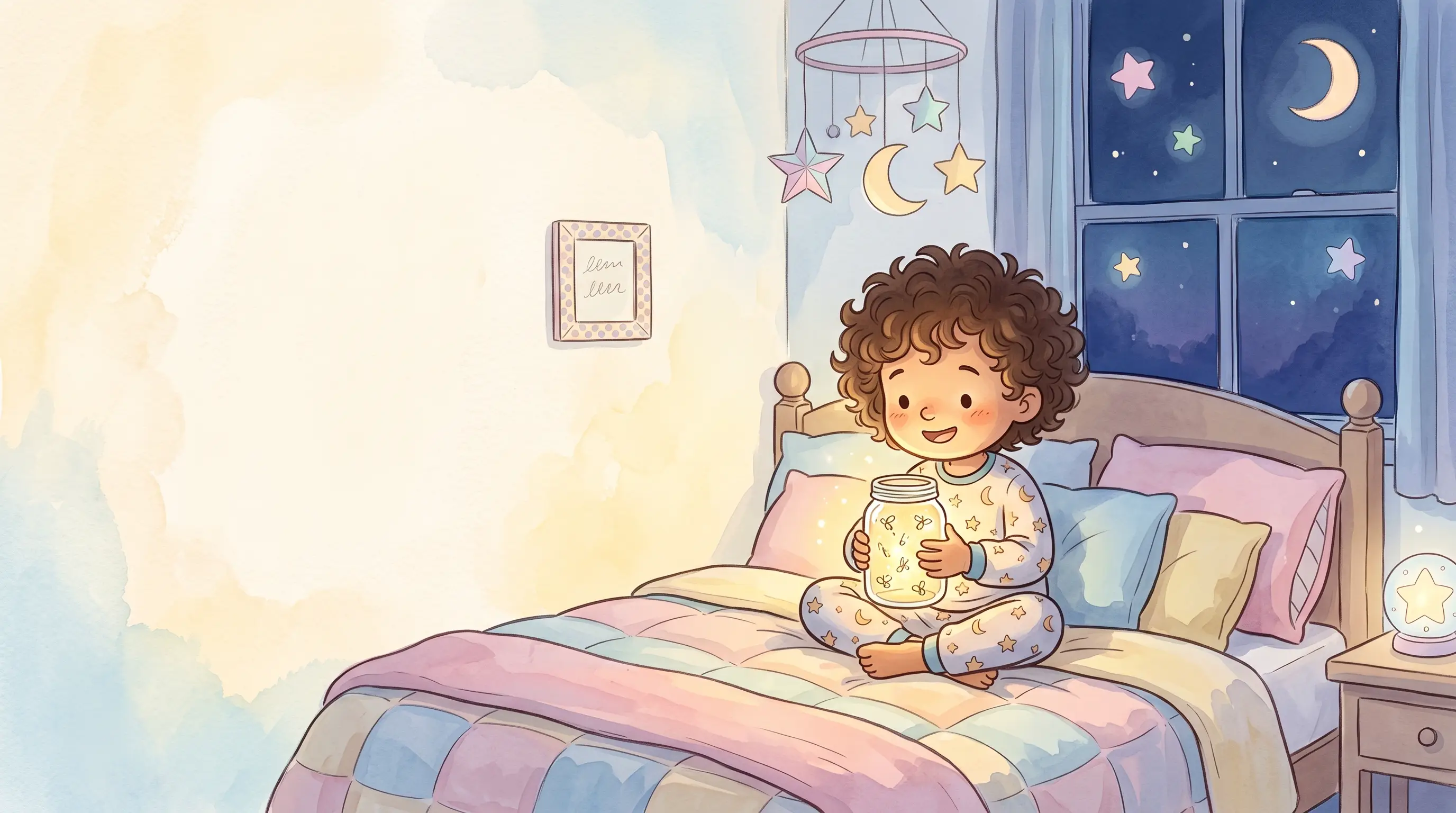 Milo sits cross-legged on the bed at night, holding a softly glowing jar, moon and stars outside the window