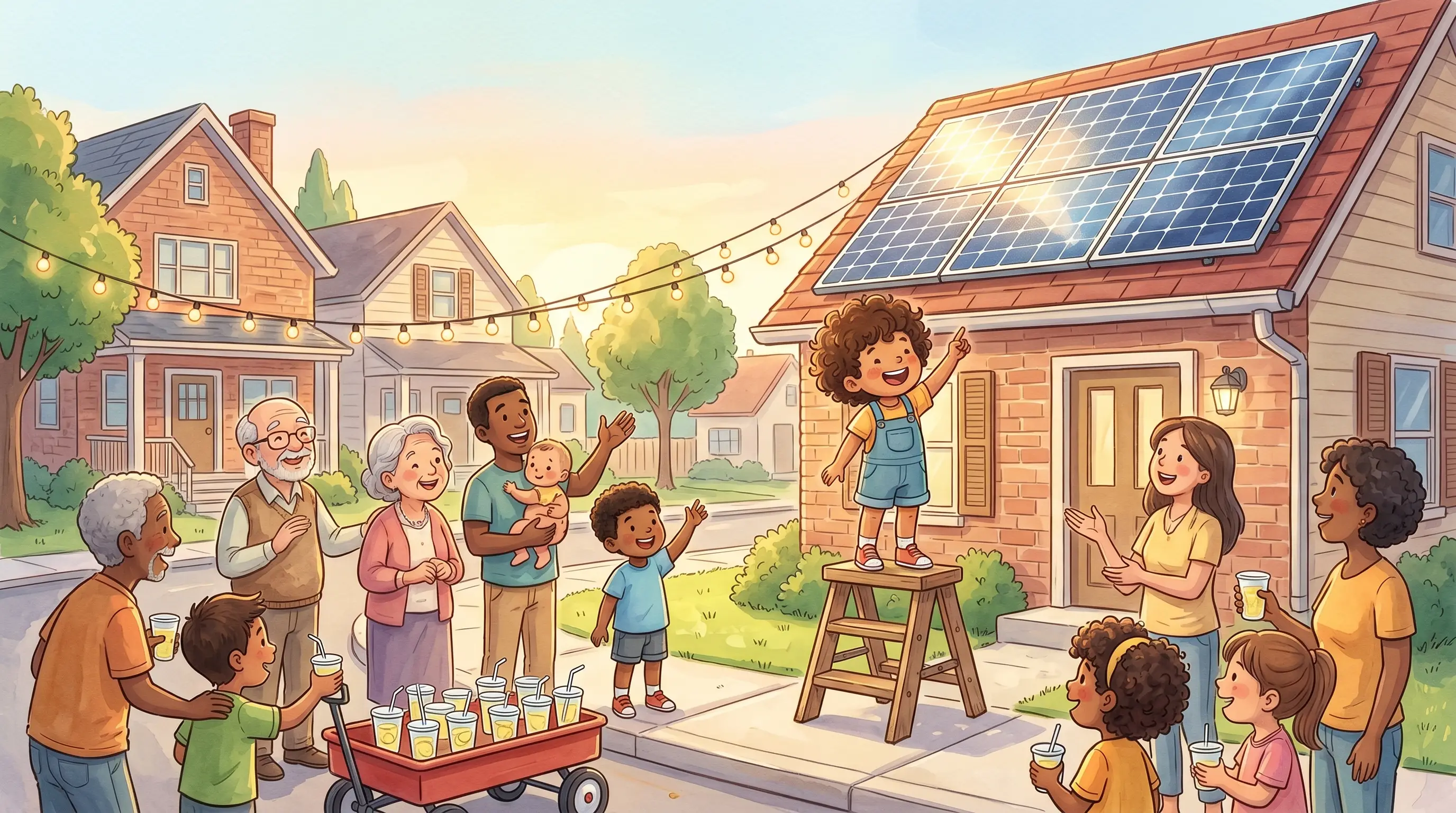 Golden hour block party: Milo stands on a stool pointing proudly at solar panels on the roof while neighbors sip lemonade