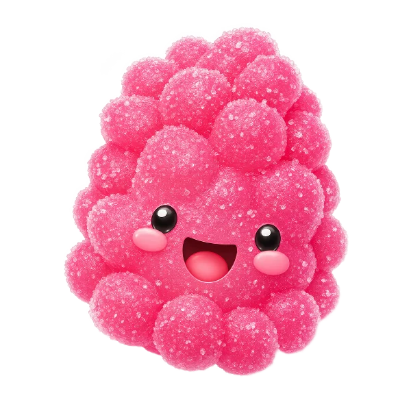 Pink berry-cluster candy sticker with a joyful open smile