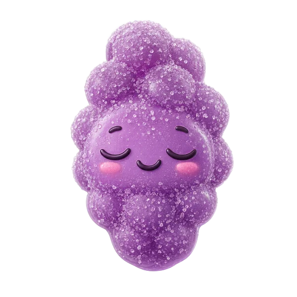 Purple grape candy sticker asleep with a content smile