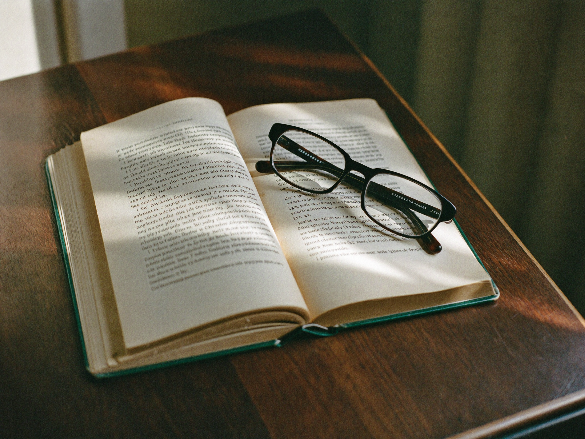 A worn book, glasses and a handwritten letter in soft morning light