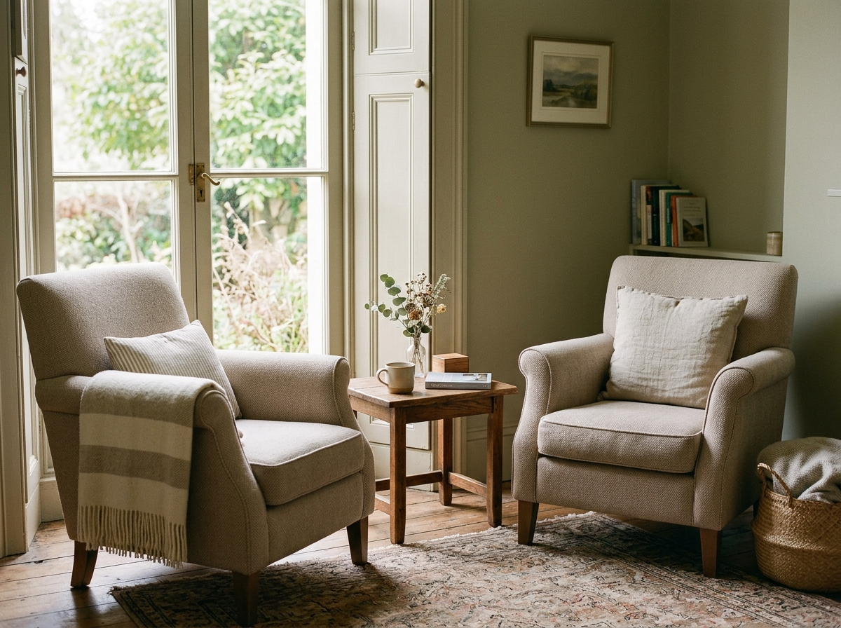 Two empty chairs angled toward each other by a tall window in warm light