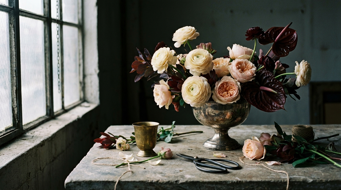 An editorial arrangement of ranunculus, garden roses and anthurium
