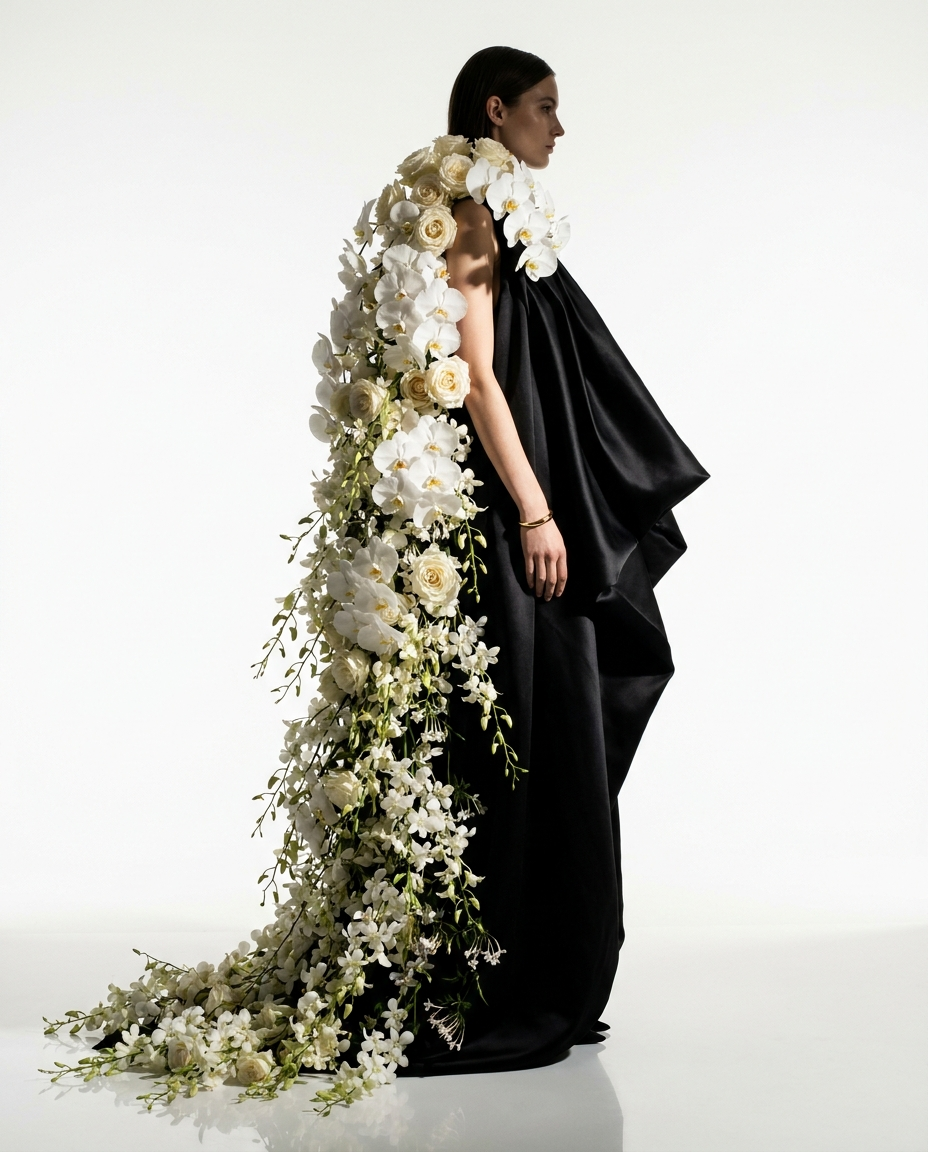 A couture cascade of white orchids and ivory roses
