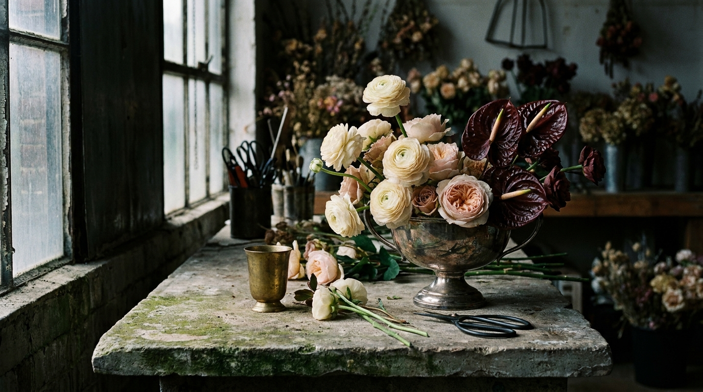 A silver bowl of ranunculus and anthurium on a stone worktable
