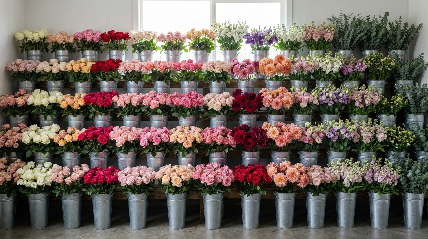 A wall of galvanised buckets holding every variety in season