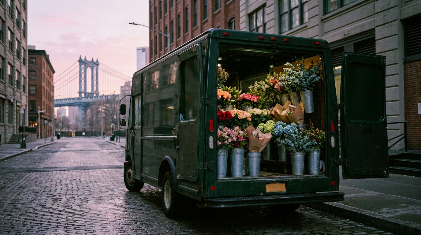 A florist delivery van loaded with buckets on a New York street at dawn
