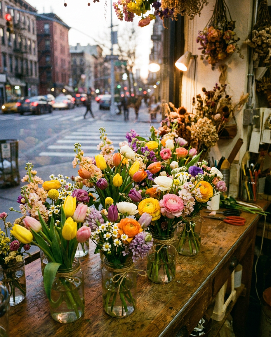 Editorial illustration of coolers full of fresh stems, at east village prices — Sunny's Florist, East Village, Manhattan