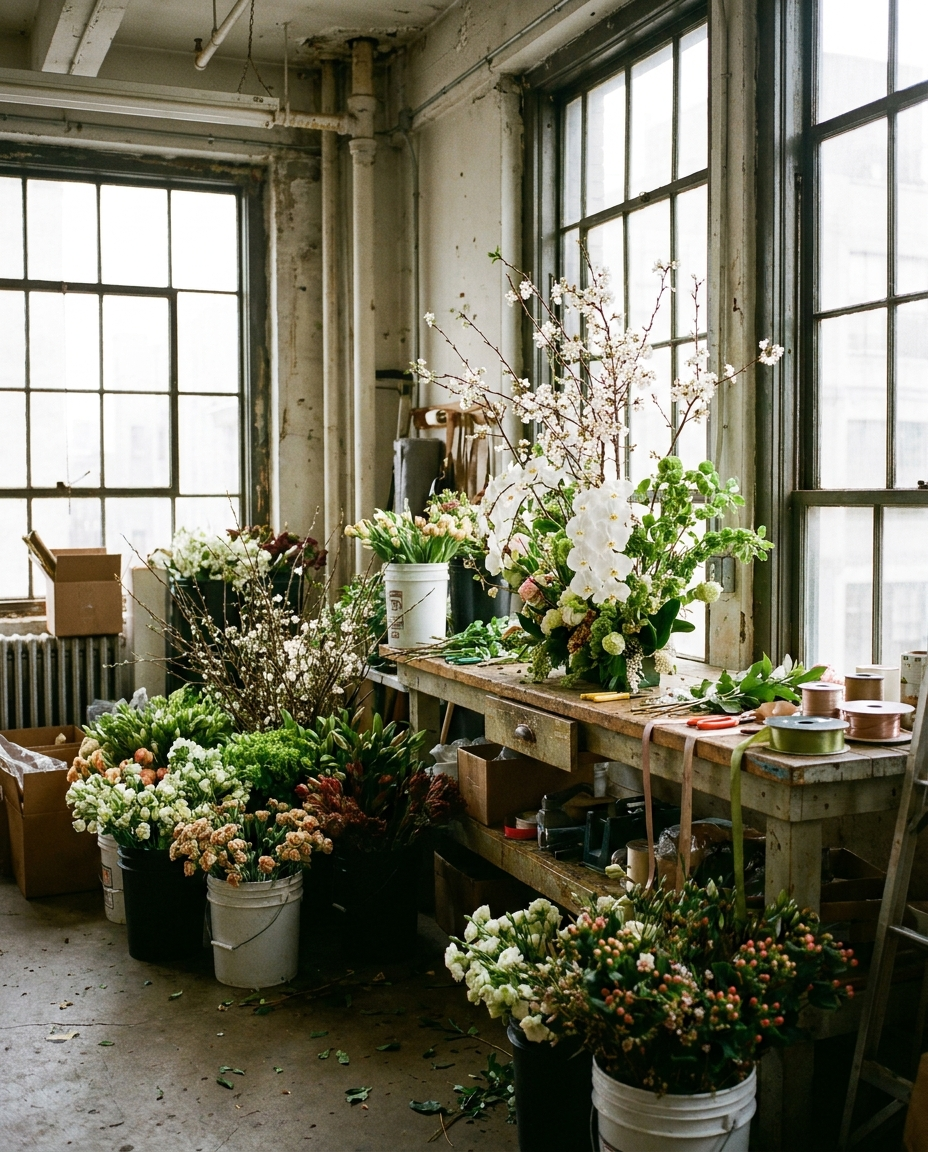 Editorial illustration of a studio inside the flower district itself — Gabriela Wakeham Floral Design, Flower District, Manhattan