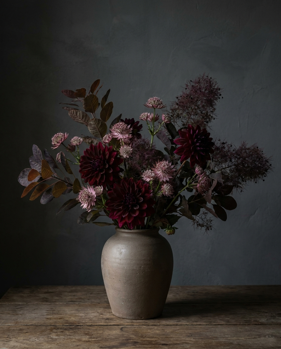 Editorial illustration of restrained, dutch-still-life composition — Fox Fodder Flowers, Tribeca, Manhattan