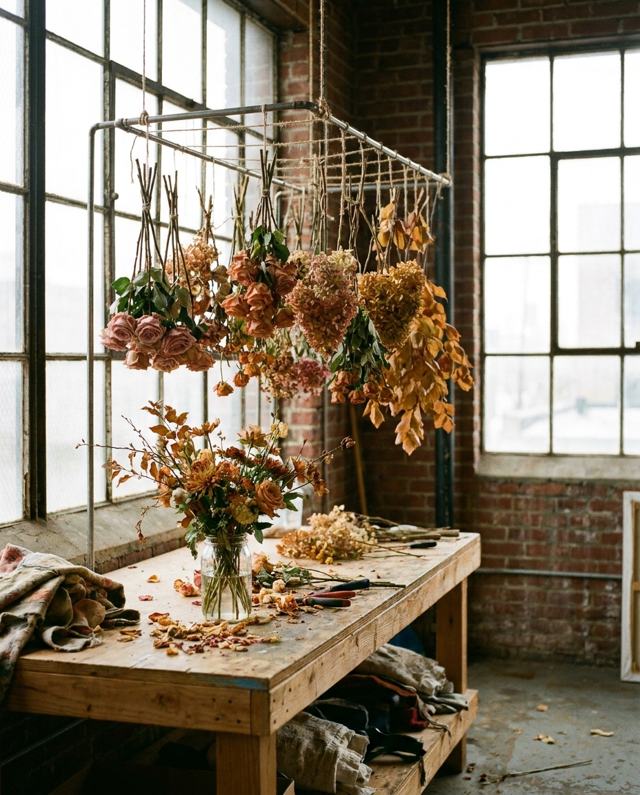 Editorial illustration of seasonal, local stems and dried re-use — Stems Brooklyn, Bushwick, Brooklyn