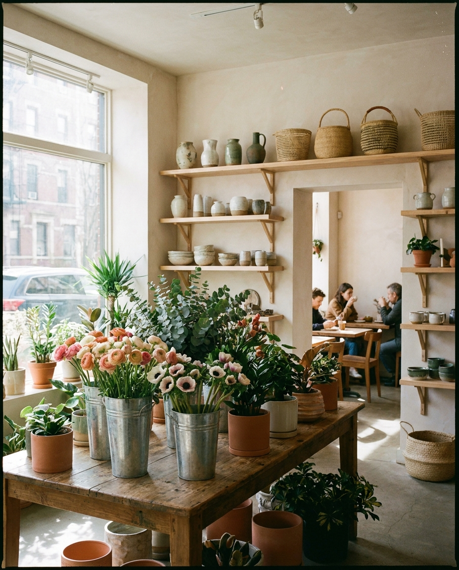 Editorial illustration of flowers, houseplants and objects in one room — Stonefruit Botanical, Bedford-Stuyvesant, Brooklyn