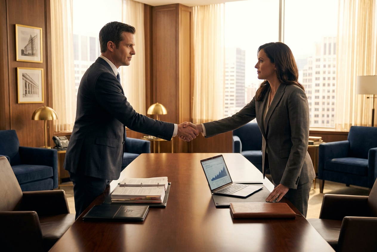 Business handshake over contracts