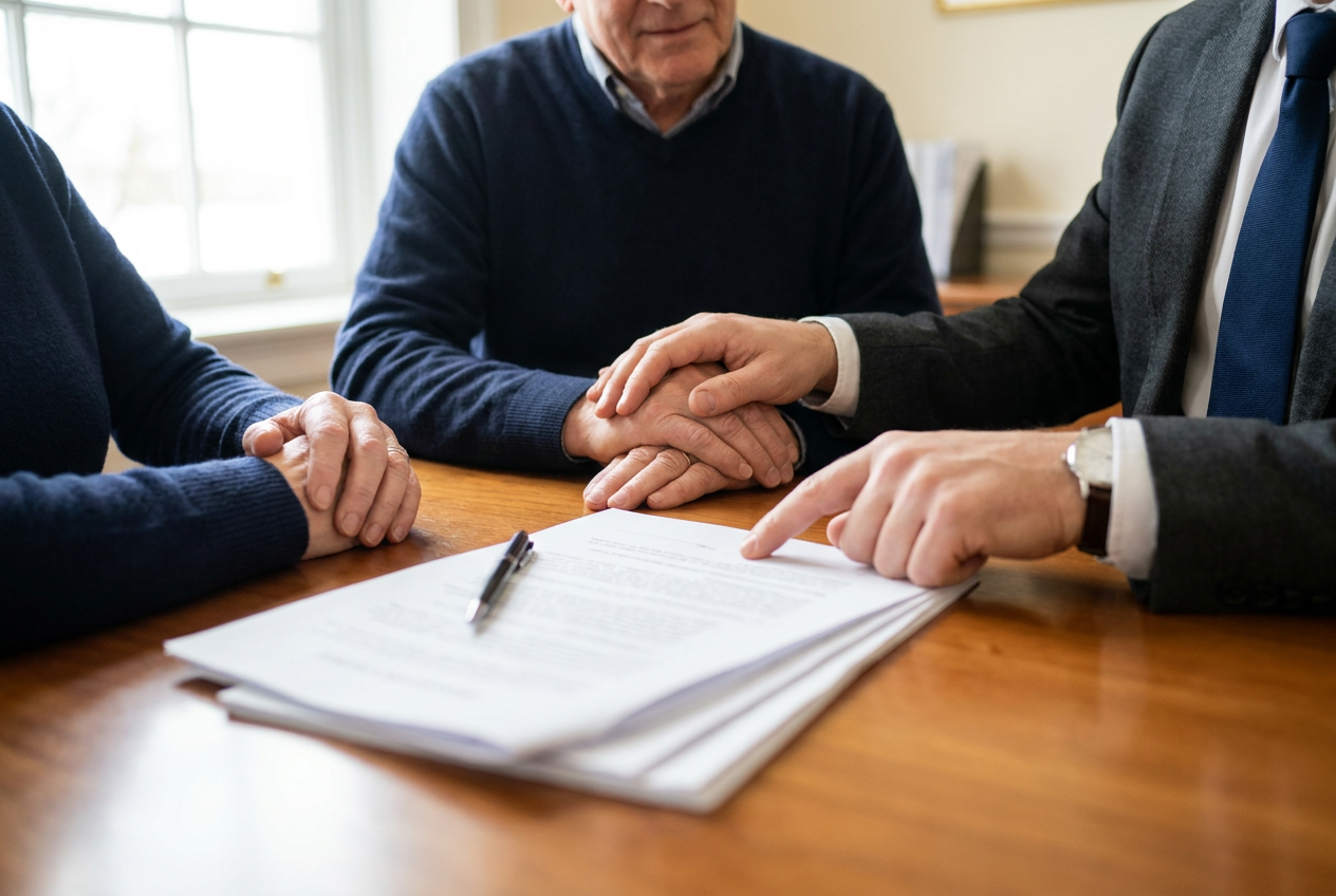 Older couple reviewing documents with a lawyer