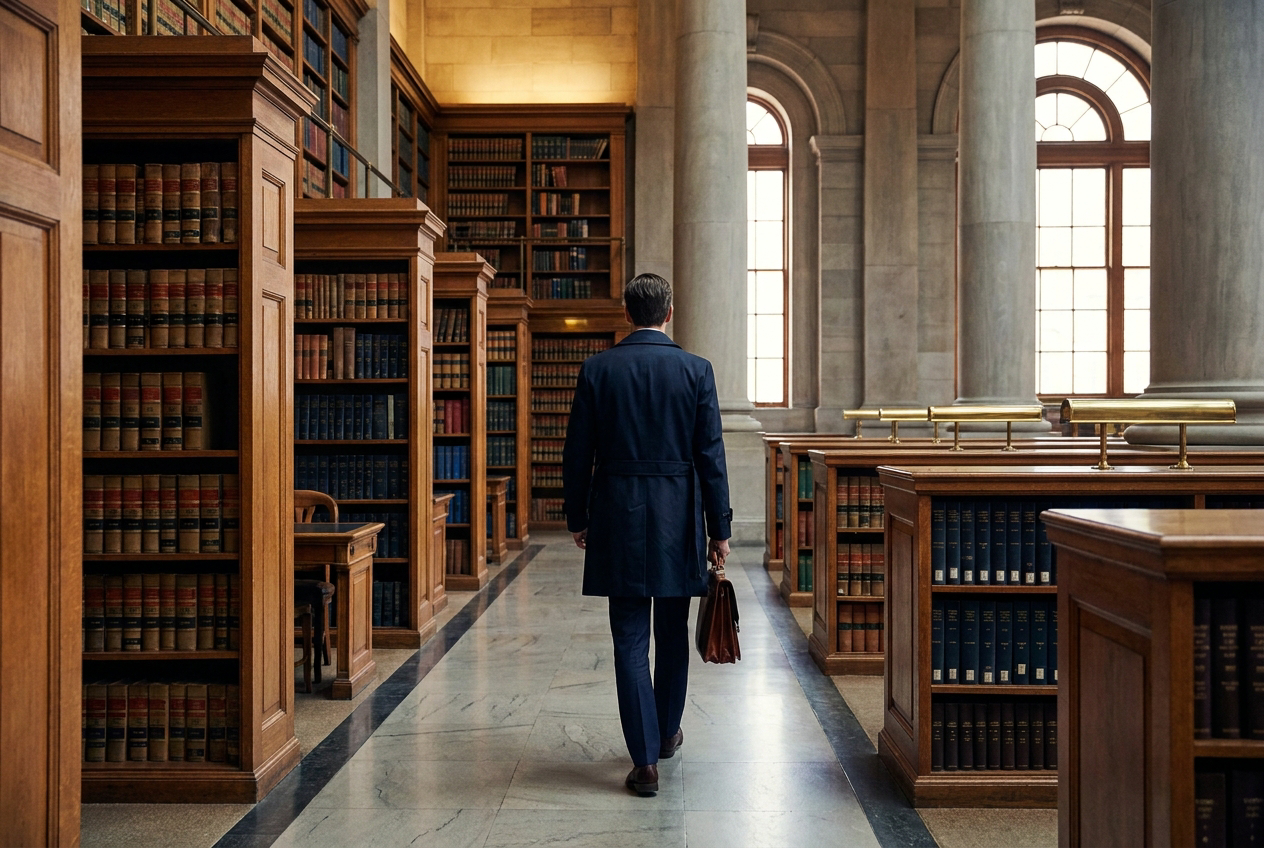 Lawyer walking through a law library